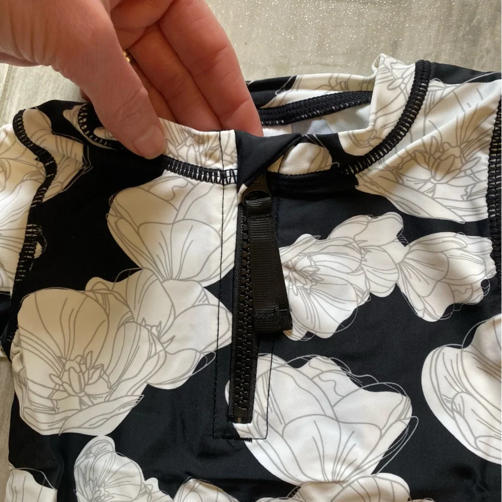 Ruffle Butts Black and White Floral Long Sleeve Bikini Set